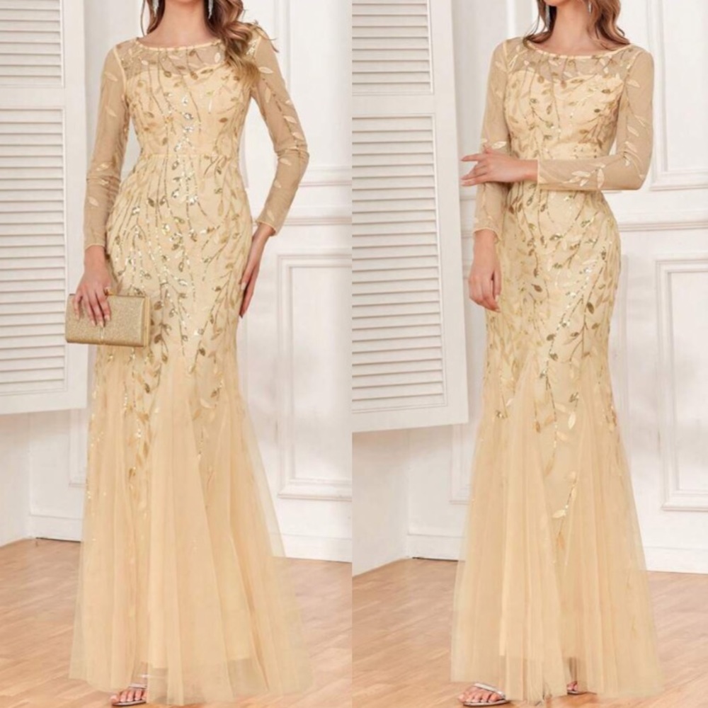 Luxe floral sequins mesh mermaid hem formal evening party dress